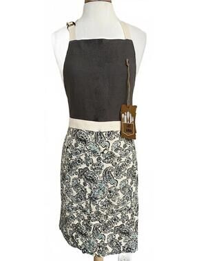 NWT Envogue Gray White Blue Damask Full Chef Apron 100% Cotton India OS
